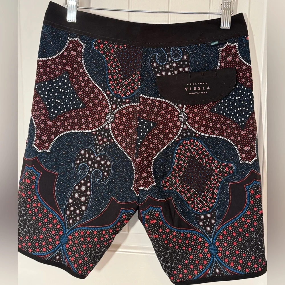 VISSLA Men's Swim Shorts - Black and Blue with Red Accents